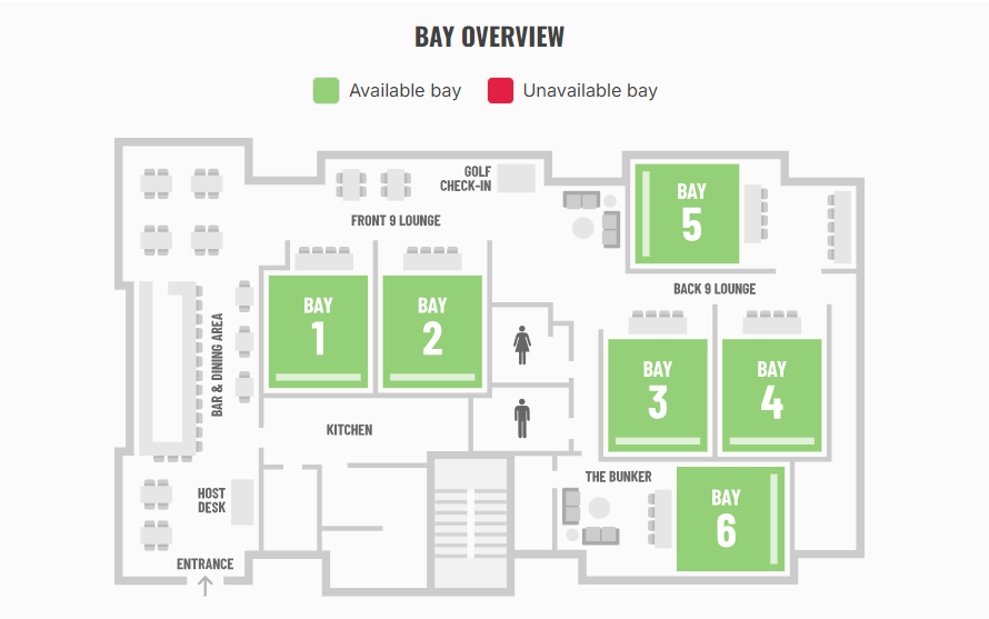 The Bogey Factory facility bay overview showing all simulator locations
