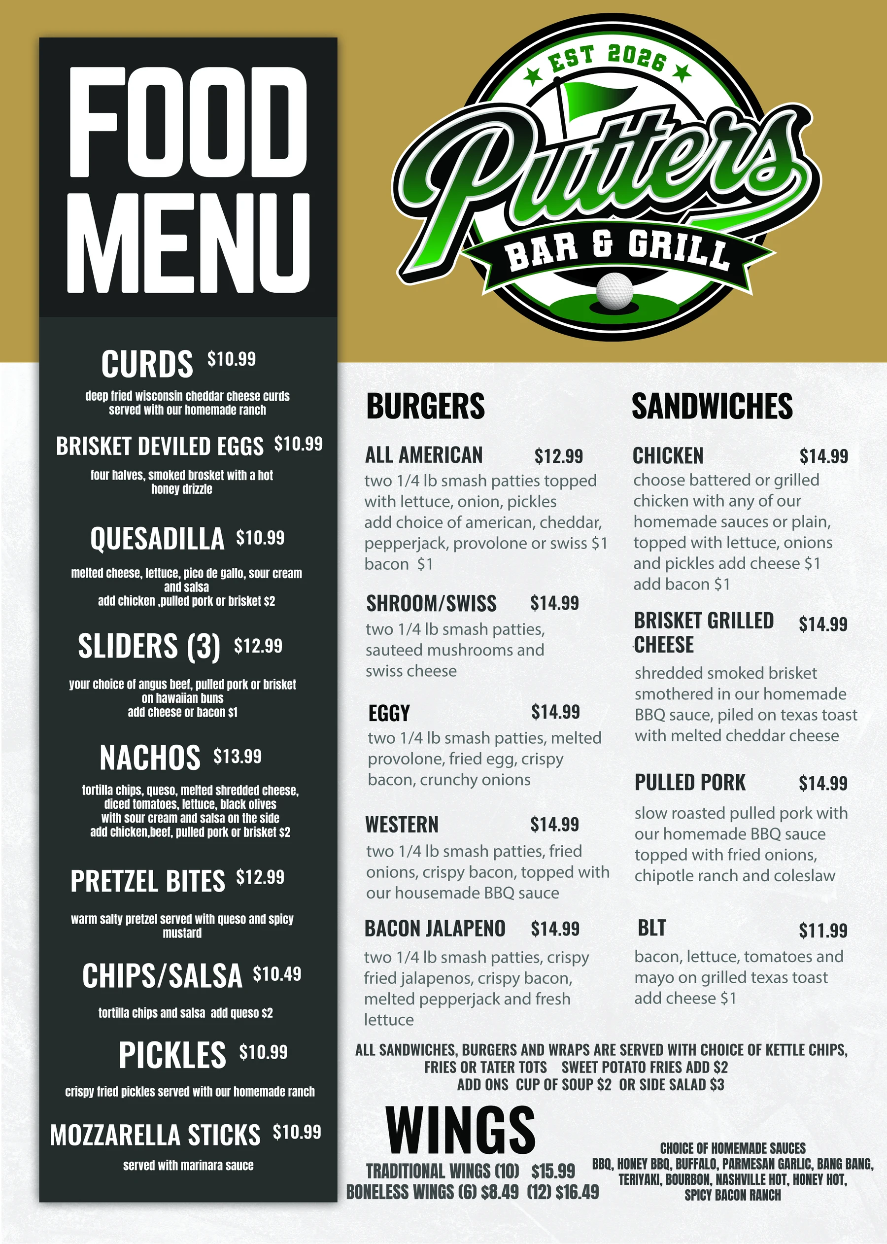Front of the Putters Bar & Grill food menu