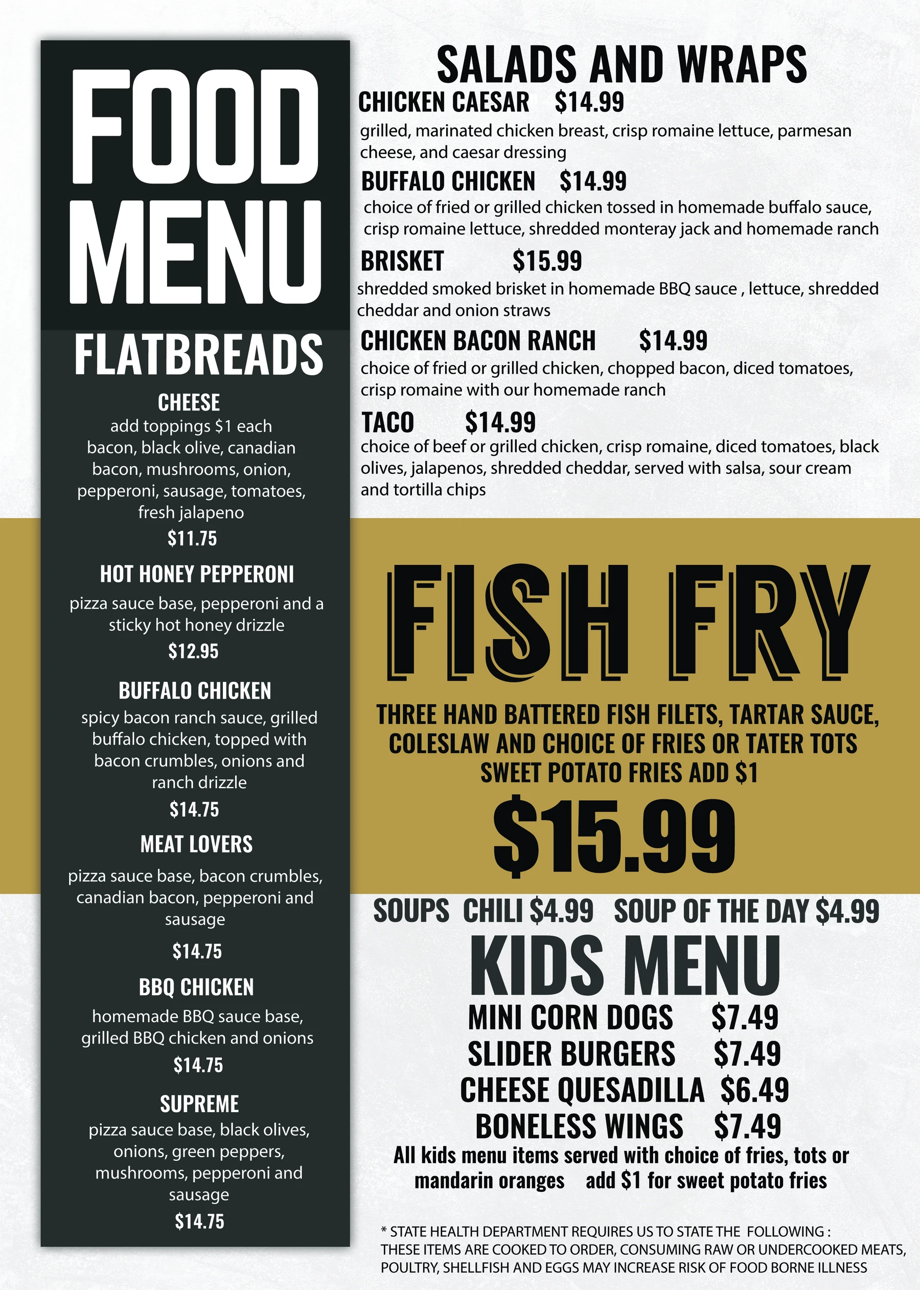 Back of the Putters Bar & Grill food menu
